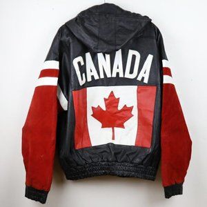 Vintage Canada Leather and Red Suede  Varsity Jacket with Detachable Hood